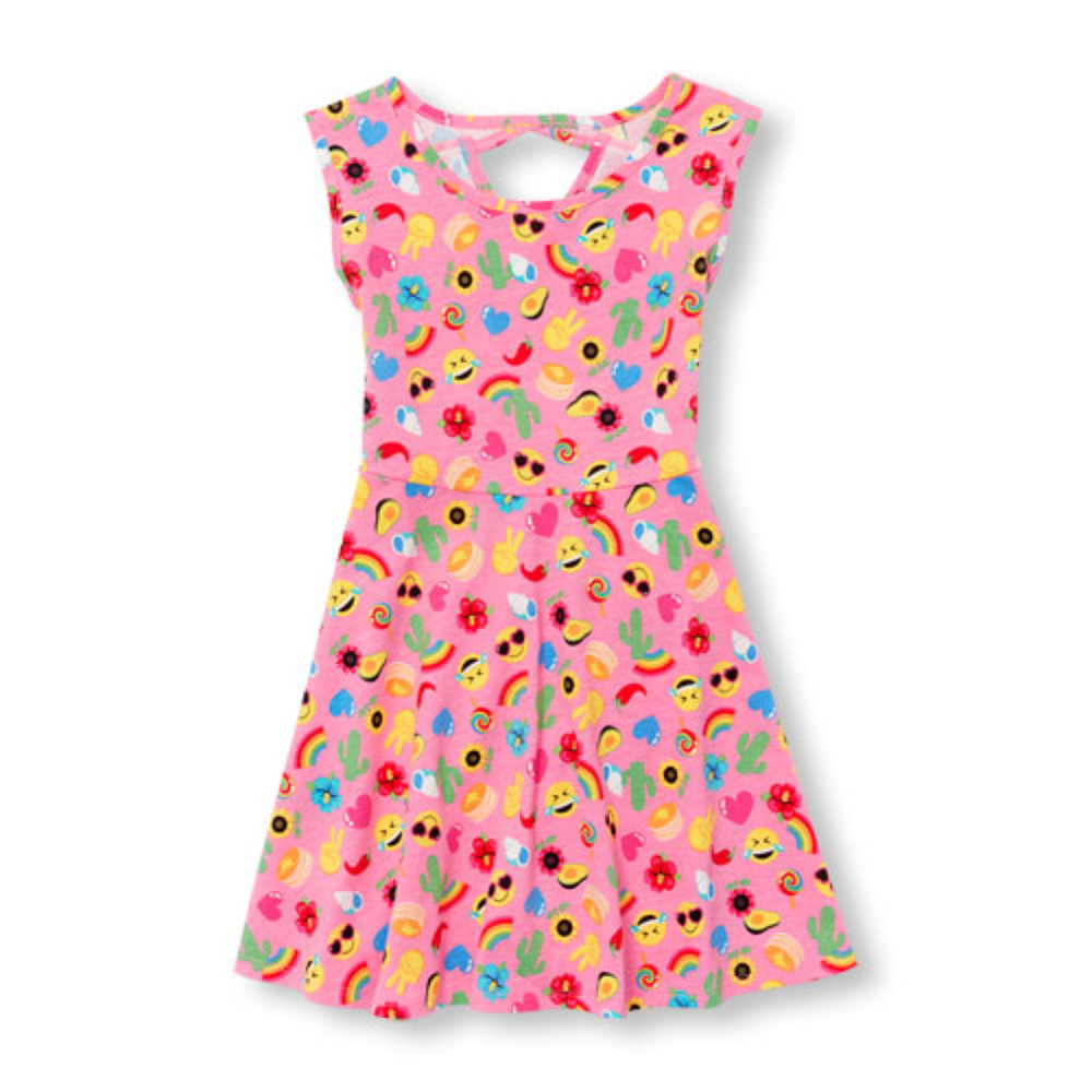 Girls Sleeveless Emoji Print Cutout Back Knit Dres